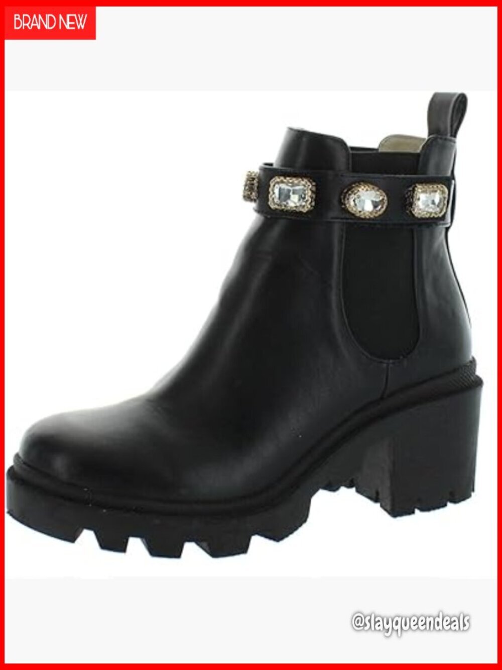 Leather Chelsea Ankle Boots with Rhinestone Strap, Chunky Heel, Pull-On